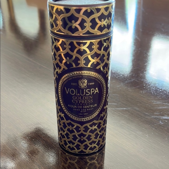 Voluspa Golden Cypress Aqua Candle with Black and Gold Design - Picture 1 of 3